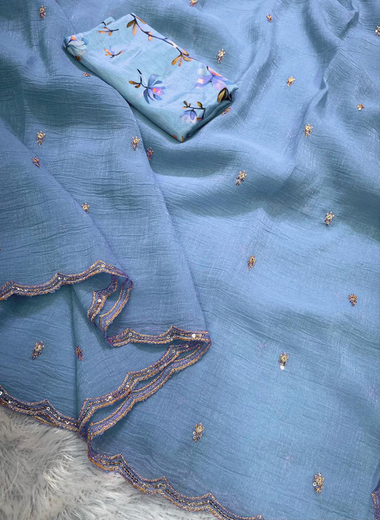 HOS Georgette Crush Saree – Embroidery Butti with Arka Border & Floral Print Blouse - House Of ShiVisha