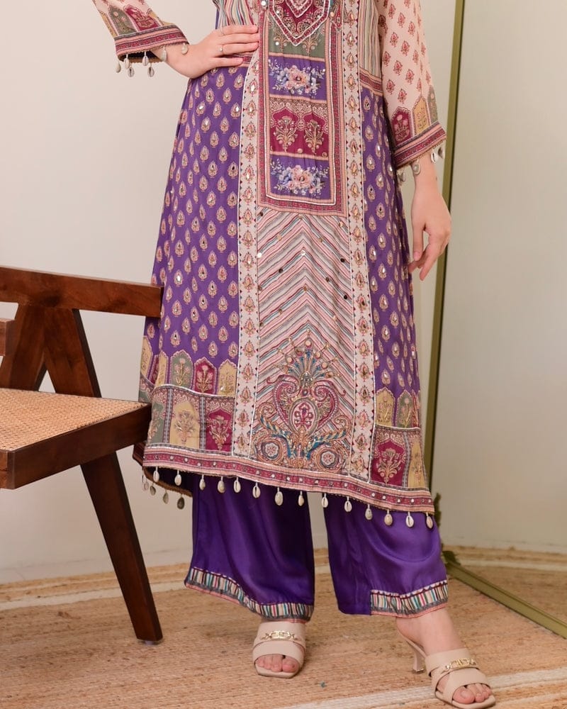 HOS Jasood Anarkali Set – Pure Chinon Kurti with Plazo, Chiffon Dupatta & Moti Mala (2 Color Kodi) - House Of ShiVisha