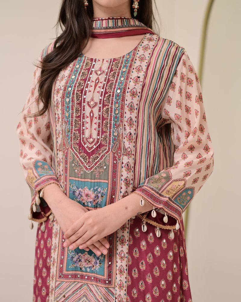 HOS Jasood Anarkali Set – Pure Chinon Kurti with Plazo, Chiffon Dupatta & Moti Mala (2 Color Kodi) - House Of ShiVisha