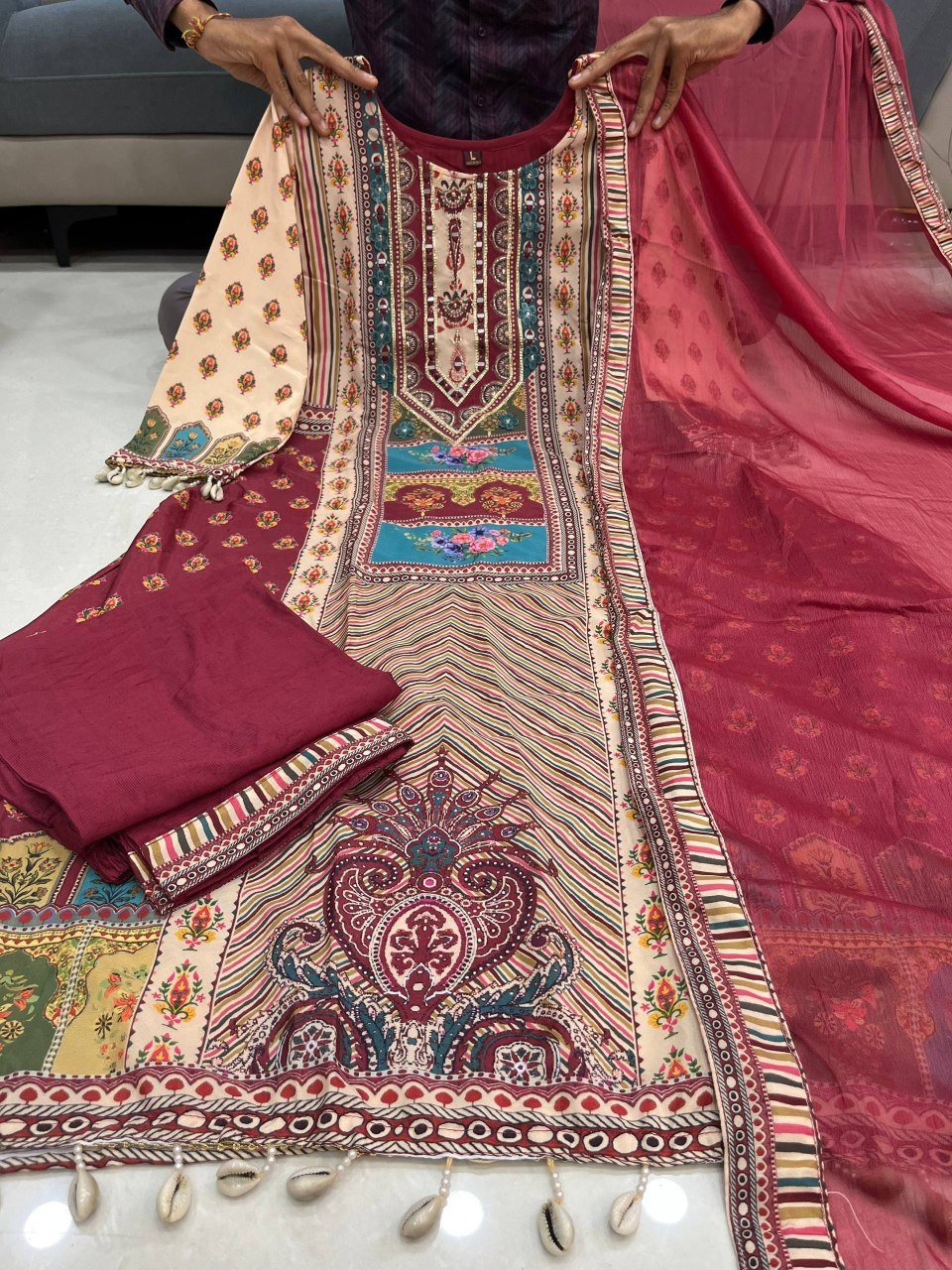 HOS Jasood Anarkali Set – Pure Chinon Kurti with Plazo, Chiffon Dupatta & Moti Mala (2 Color Kodi) - House Of ShiVisha