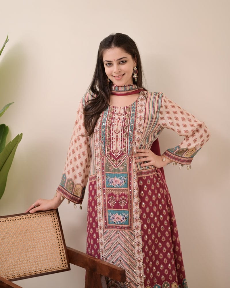 HOS Jasood Anarkali Set – Pure Chinon Kurti with Plazo, Chiffon Dupatta & Moti Mala (2 Color Kodi) - House Of ShiVisha