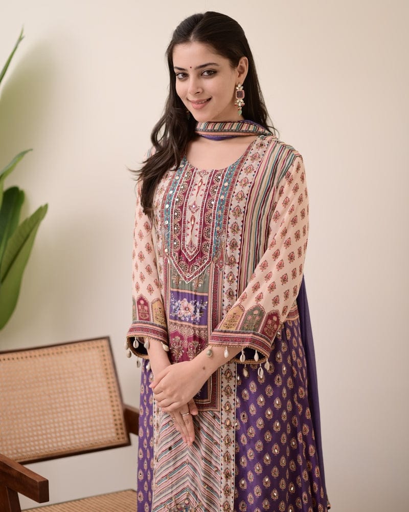 HOS Jasood Anarkali Set – Pure Chinon Kurti with Plazo, Chiffon Dupatta & Moti Mala (2 Color Kodi) - House Of ShiVisha