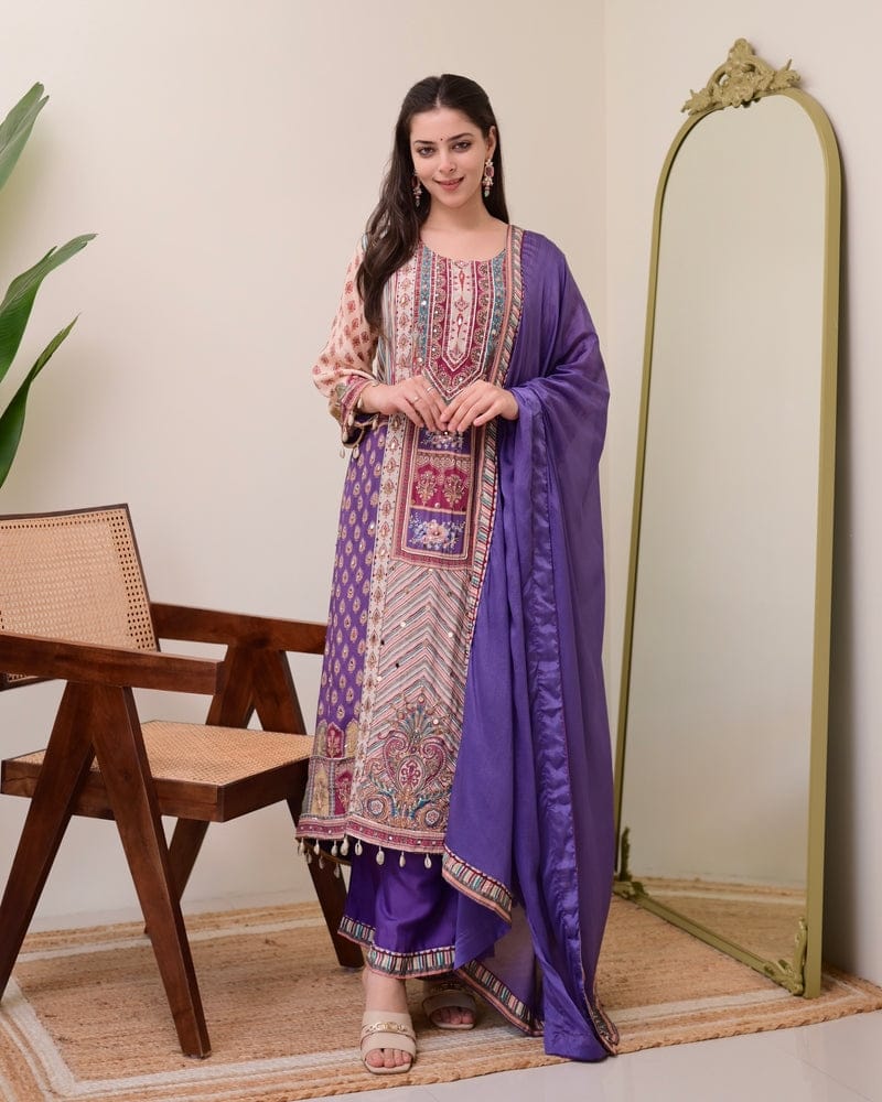 HOS Jasood Anarkali Set – Pure Chinon Kurti with Plazo, Chiffon Dupatta & Moti Mala (2 Color Kodi) - House Of ShiVisha