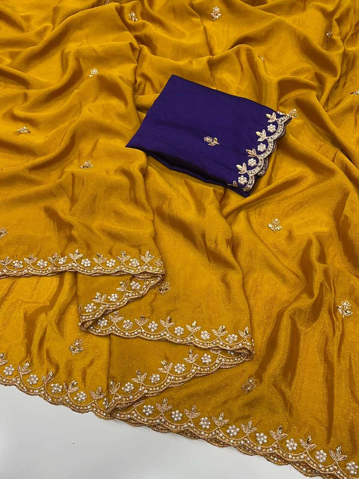 HOS Pure Chinon Saree – All Over Handwork with Rangoli Satin Blouse - House Of ShiVisha