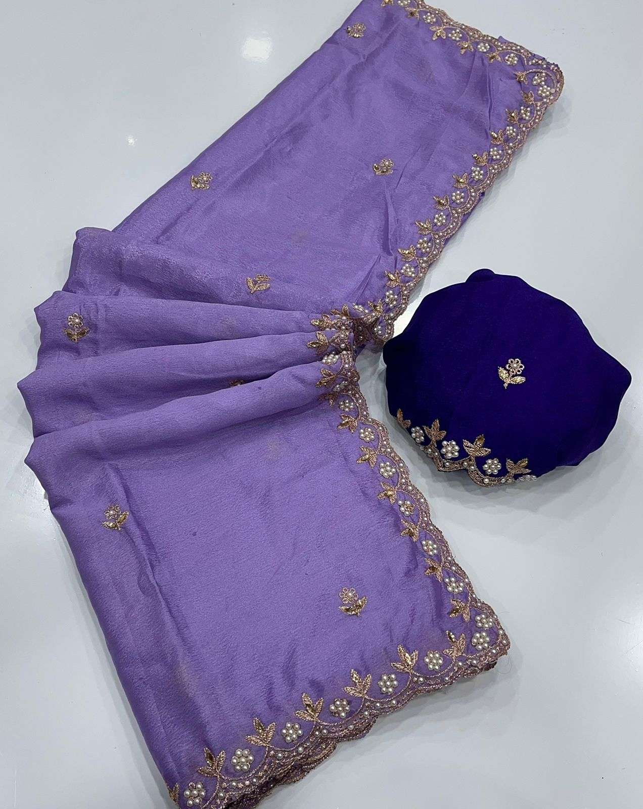 HOS Pure Chinon Saree – All Over Handwork with Rangoli Satin Blouse - House Of ShiVisha