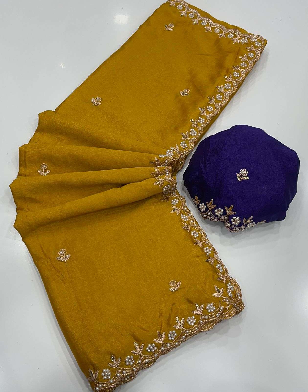 HOS Pure Chinon Saree – All Over Handwork with Rangoli Satin Blouse - House Of ShiVisha