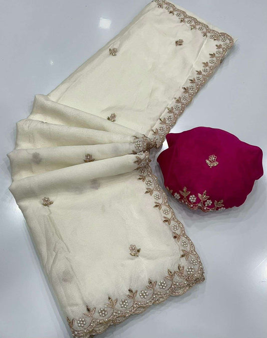 HOS Pure Chinon Saree – All Over Handwork with Rangoli Satin Blouse - House Of ShiVisha