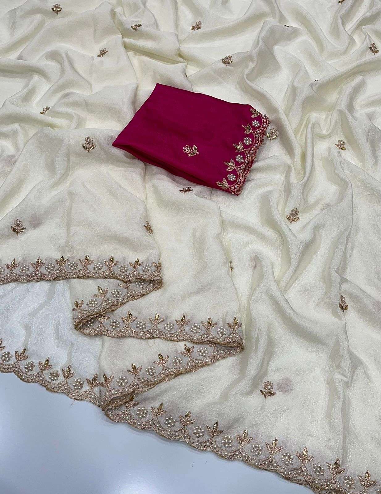 HOS Pure Chinon Saree – All Over Handwork with Rangoli Satin Blouse - House Of ShiVisha