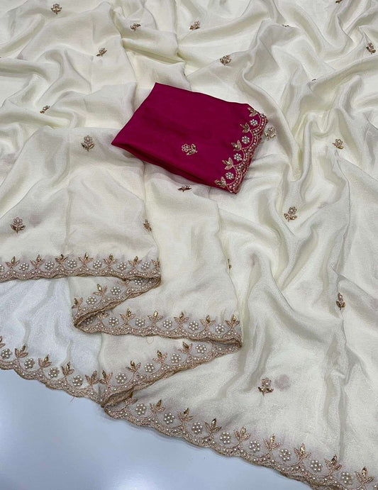 HOS Pure Chinon Saree – All Over Handwork with Rangoli Satin Blouse - House Of ShiVisha