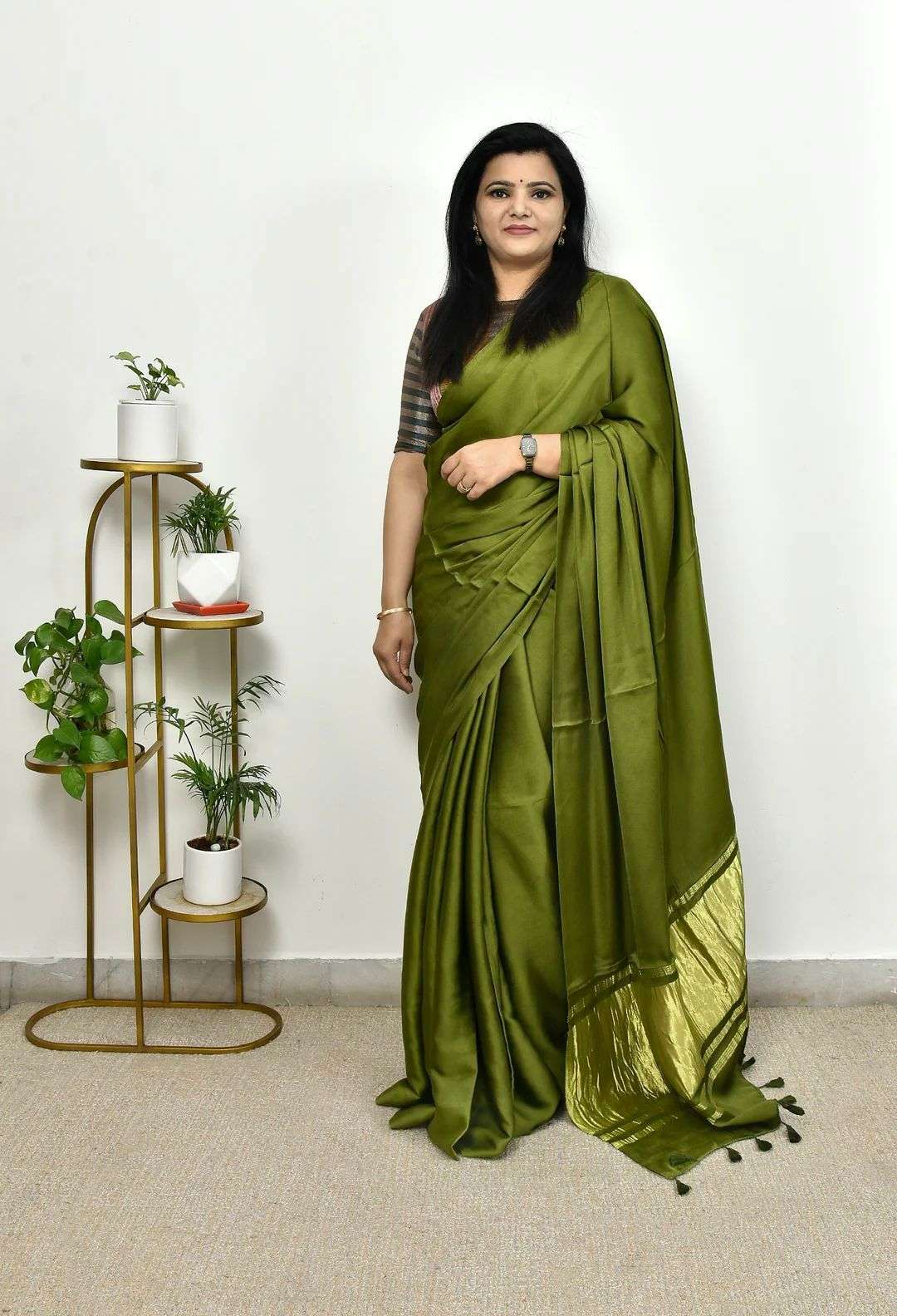 HOS Pure Gaji Silk Saree – Plain Saree with Original Lagdi Patta Pallu & Running Blouse - House Of ShiVisha