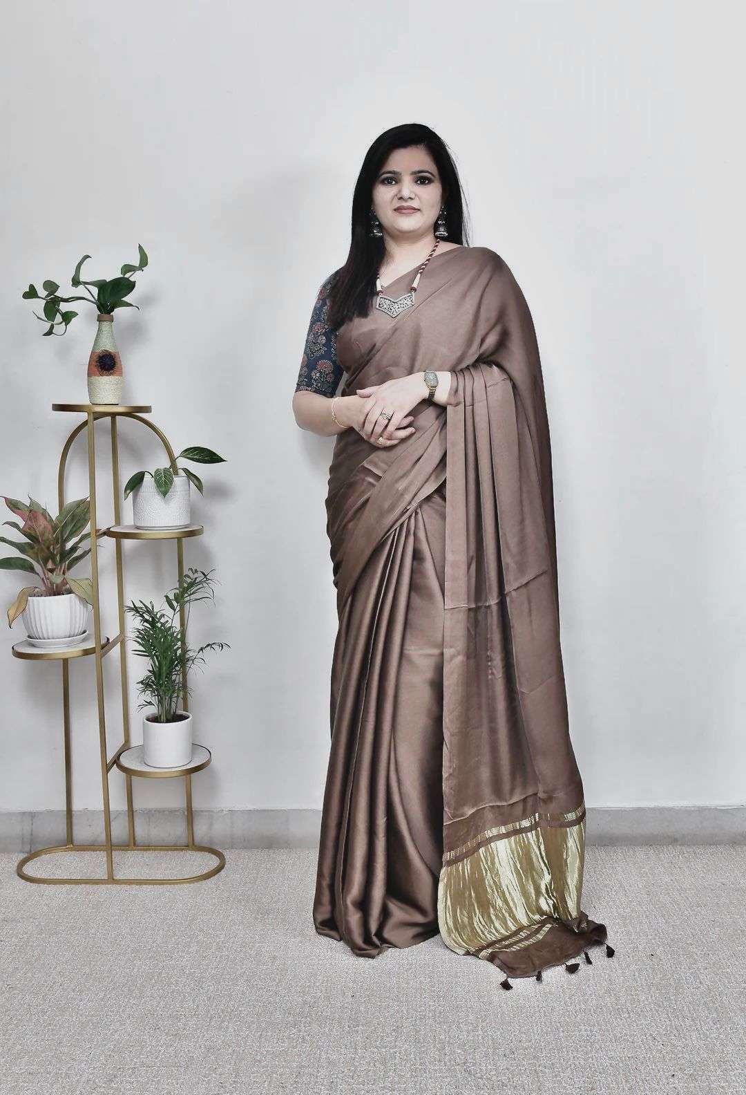 HOS Pure Gaji Silk Saree – Plain Saree with Original Lagdi Patta Pallu & Running Blouse - House Of ShiVisha