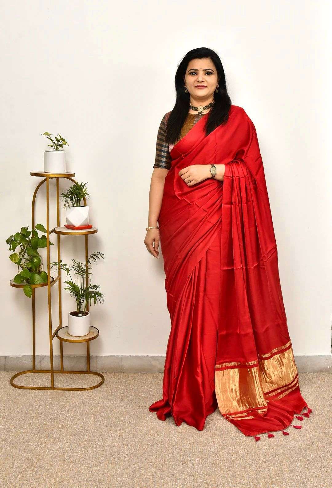 HOS Pure Gaji Silk Saree – Plain Saree with Original Lagdi Patta Pallu & Running Blouse - House Of ShiVisha