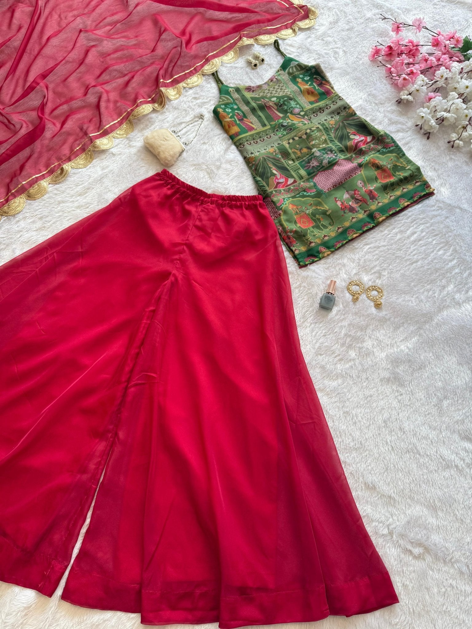 HOS SCNX 1161 Organza Suit Set – Digital Printed Kurta with Flair Plazo & Sequins Dupatta - House Of ShiVisha