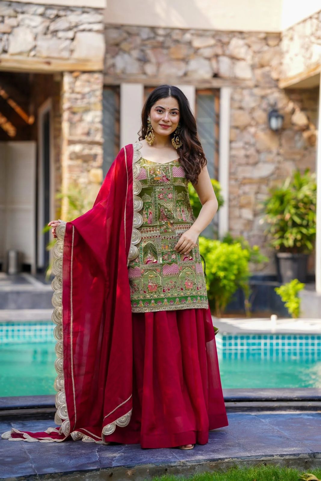 HOS SCNX 1161 Organza Suit Set – Digital Printed Kurta with Flair Plazo & Sequins Dupatta - House Of ShiVisha