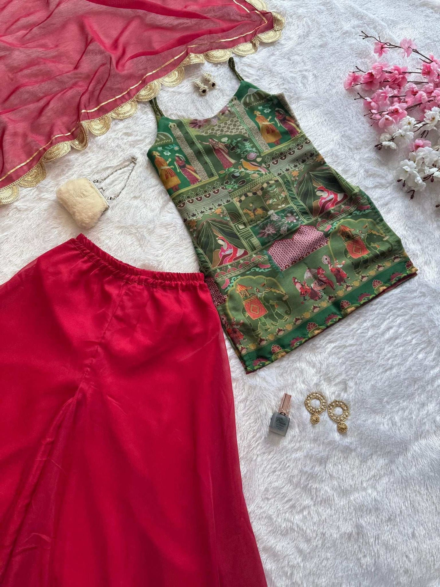 HOS SCNX 1161 Organza Suit Set – Digital Printed Kurta with Flair Plazo & Sequins Dupatta - House Of ShiVisha