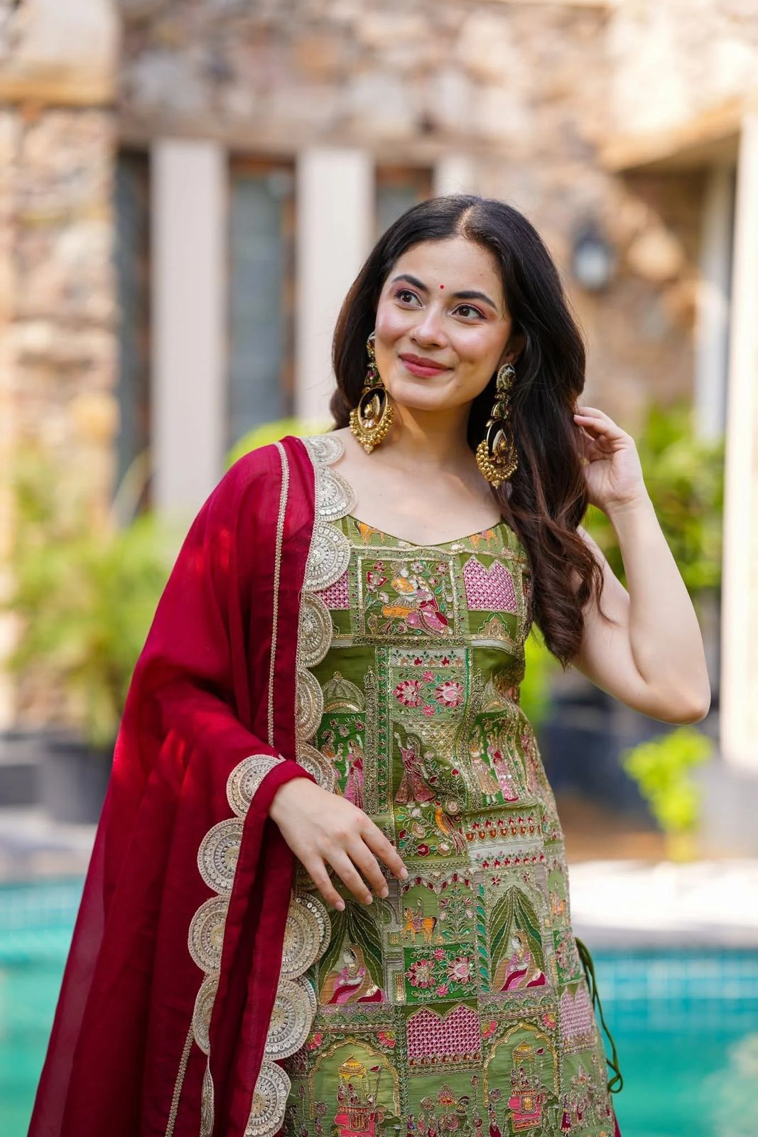 HOS SCNX 1161 Organza Suit Set – Digital Printed Kurta with Flair Plazo & Sequins Dupatta - House Of ShiVisha