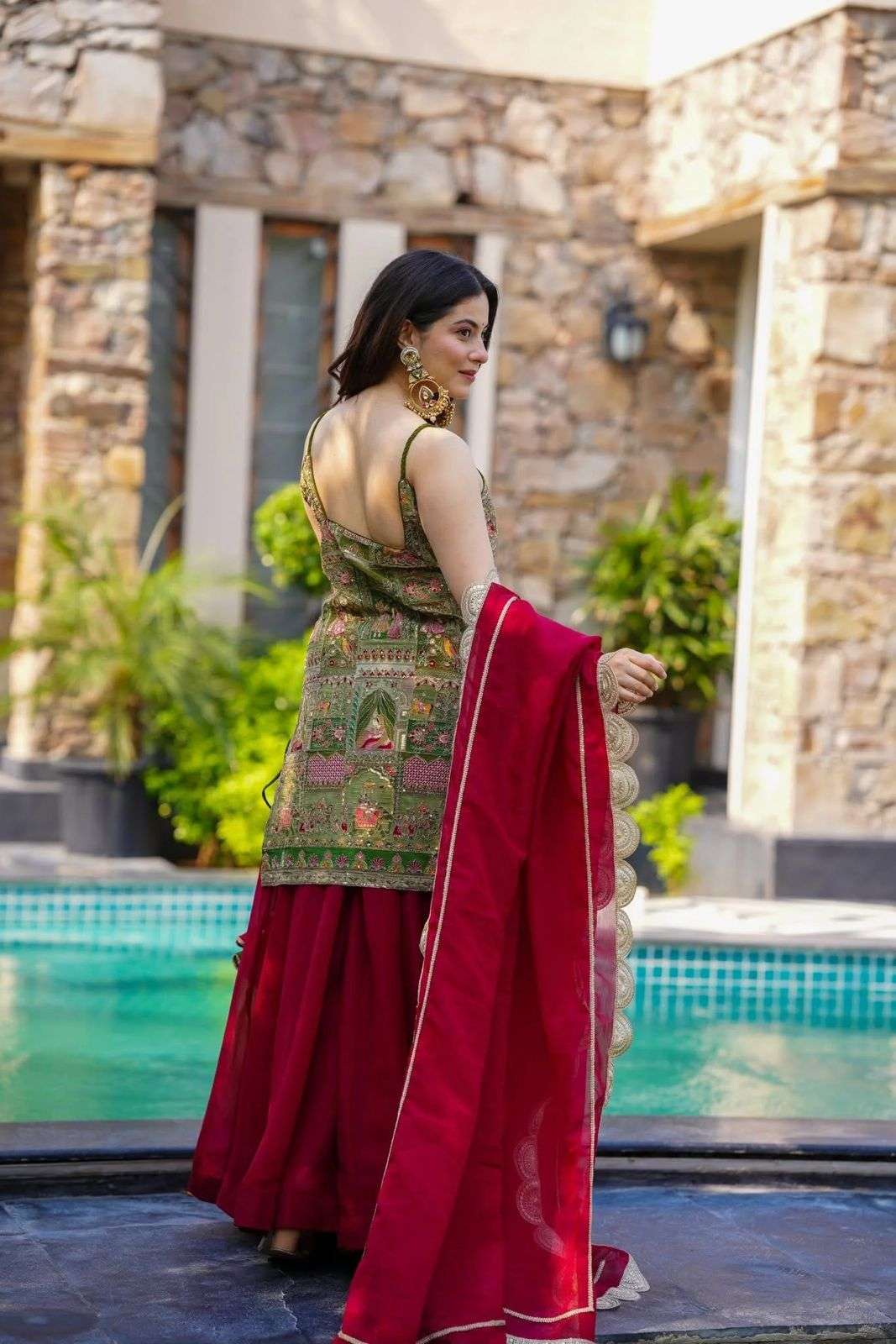 HOS SCNX 1161 Organza Suit Set – Digital Printed Kurta with Flair Plazo & Sequins Dupatta - House Of ShiVisha