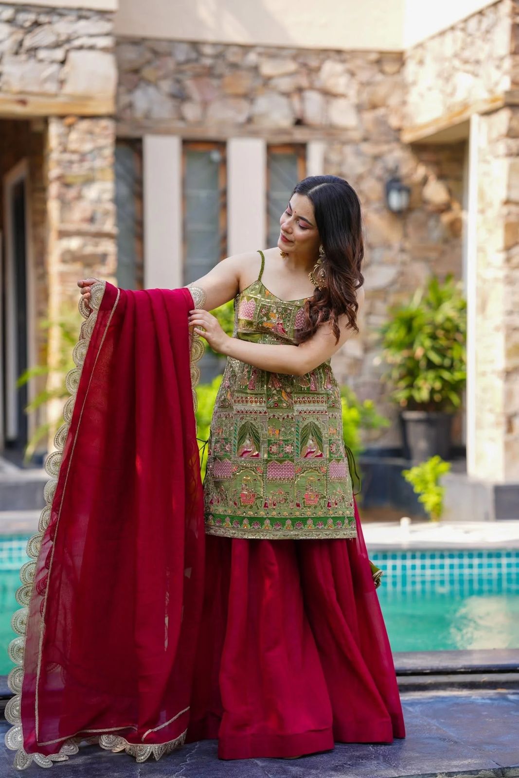 HOS SCNX 1161 Organza Suit Set – Digital Printed Kurta with Flair Plazo & Sequins Dupatta - House Of ShiVisha