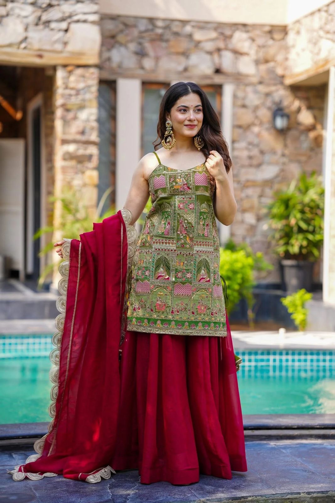 HOS SCNX 1161 Organza Suit Set – Digital Printed Kurta with Flair Plazo & Sequins Dupatta - House Of ShiVisha