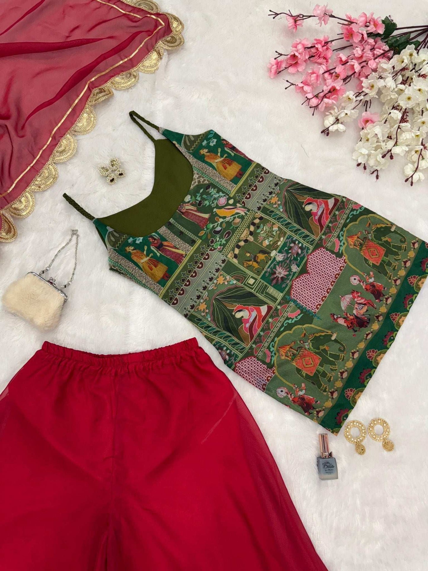 HOS SCNX 1161 Organza Suit Set – Digital Printed Kurta with Flair Plazo & Sequins Dupatta - House Of ShiVisha