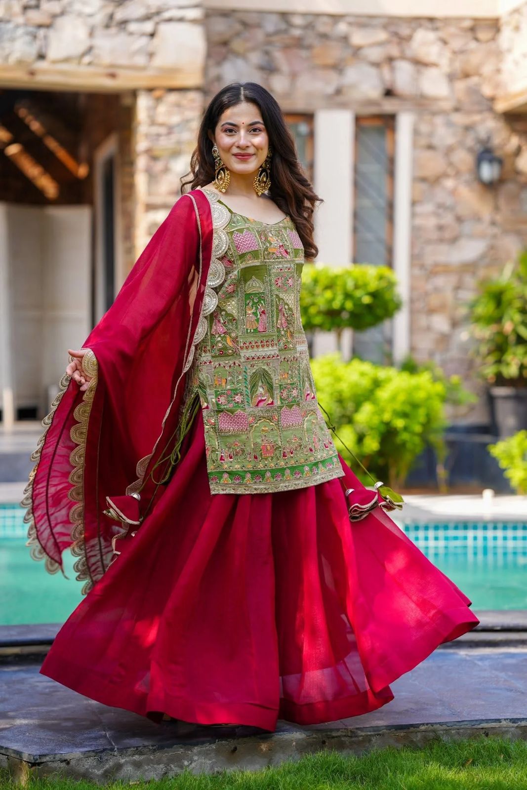 HOS SCNX 1161 Organza Suit Set – Digital Printed Kurta with Flair Plazo & Sequins Dupatta - House Of ShiVisha