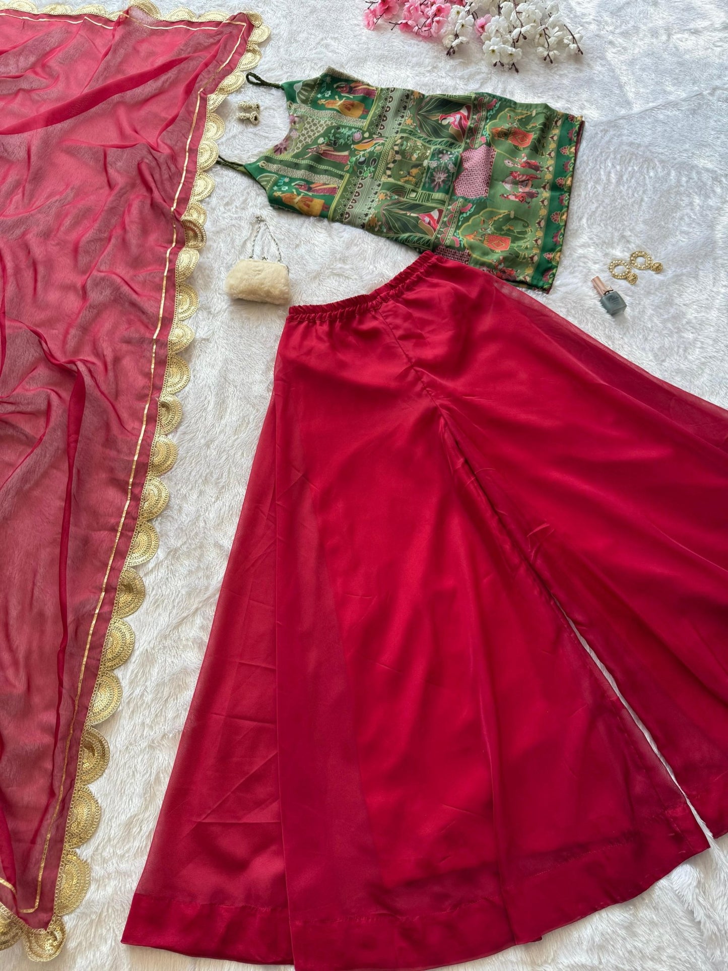 HOS SCNX 1161 Organza Suit Set – Digital Printed Kurta with Flair Plazo & Sequins Dupatta - House Of ShiVisha