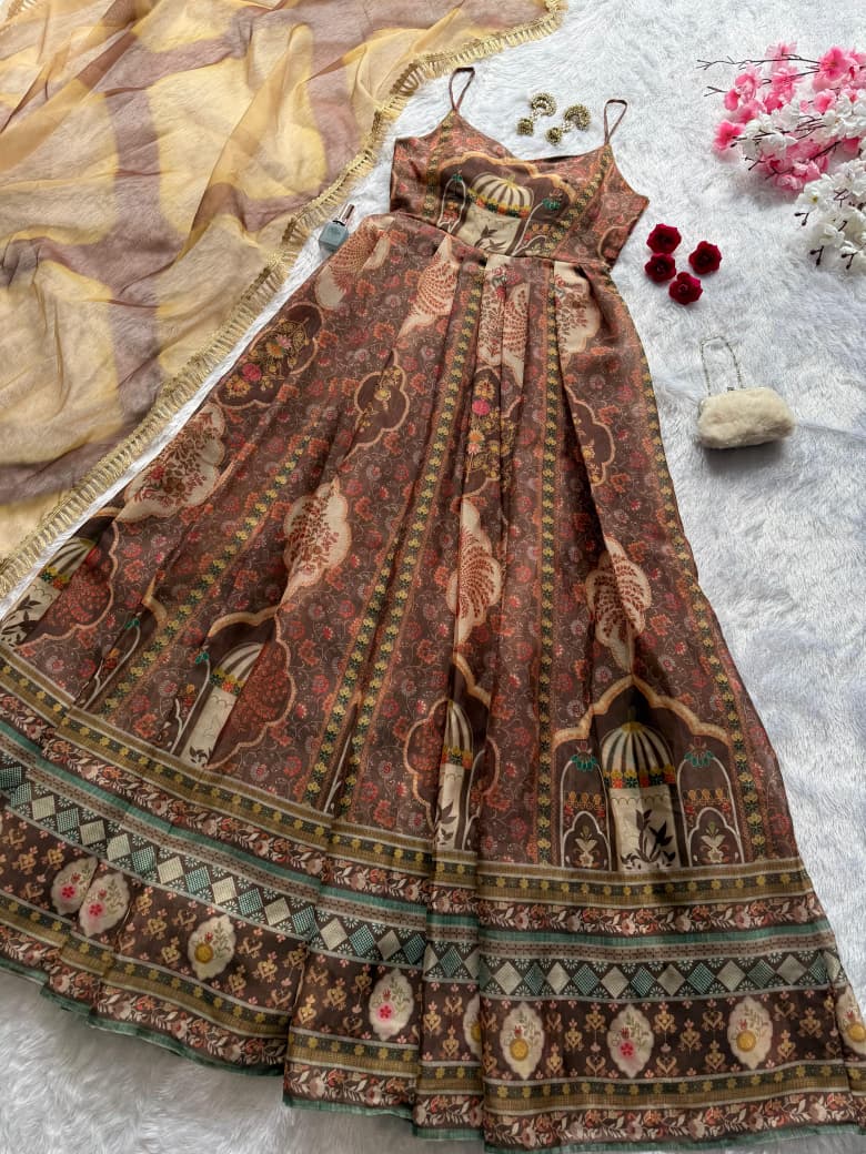 HOS SCnx 11676 Anarkali Gown – Digital Printed Jimmy Organza Silk with Designer Dupatta - House Of ShiVisha
