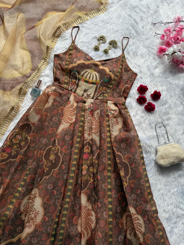 HOS SCnx 11676 Anarkali Gown – Digital Printed Jimmy Organza Silk with Designer Dupatta - House Of ShiVisha