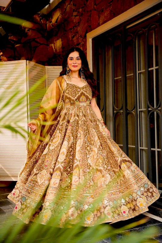 HOS SCnx 11676 Anarkali Gown – Digital Printed Jimmy Organza Silk with Designer Dupatta - House Of ShiVisha