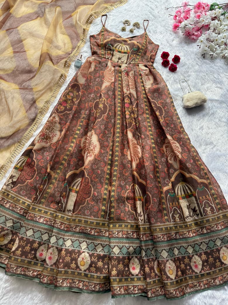 HOS SCnx 11676 Anarkali Gown – Digital Printed Jimmy Organza Silk with Designer Dupatta - House Of ShiVisha