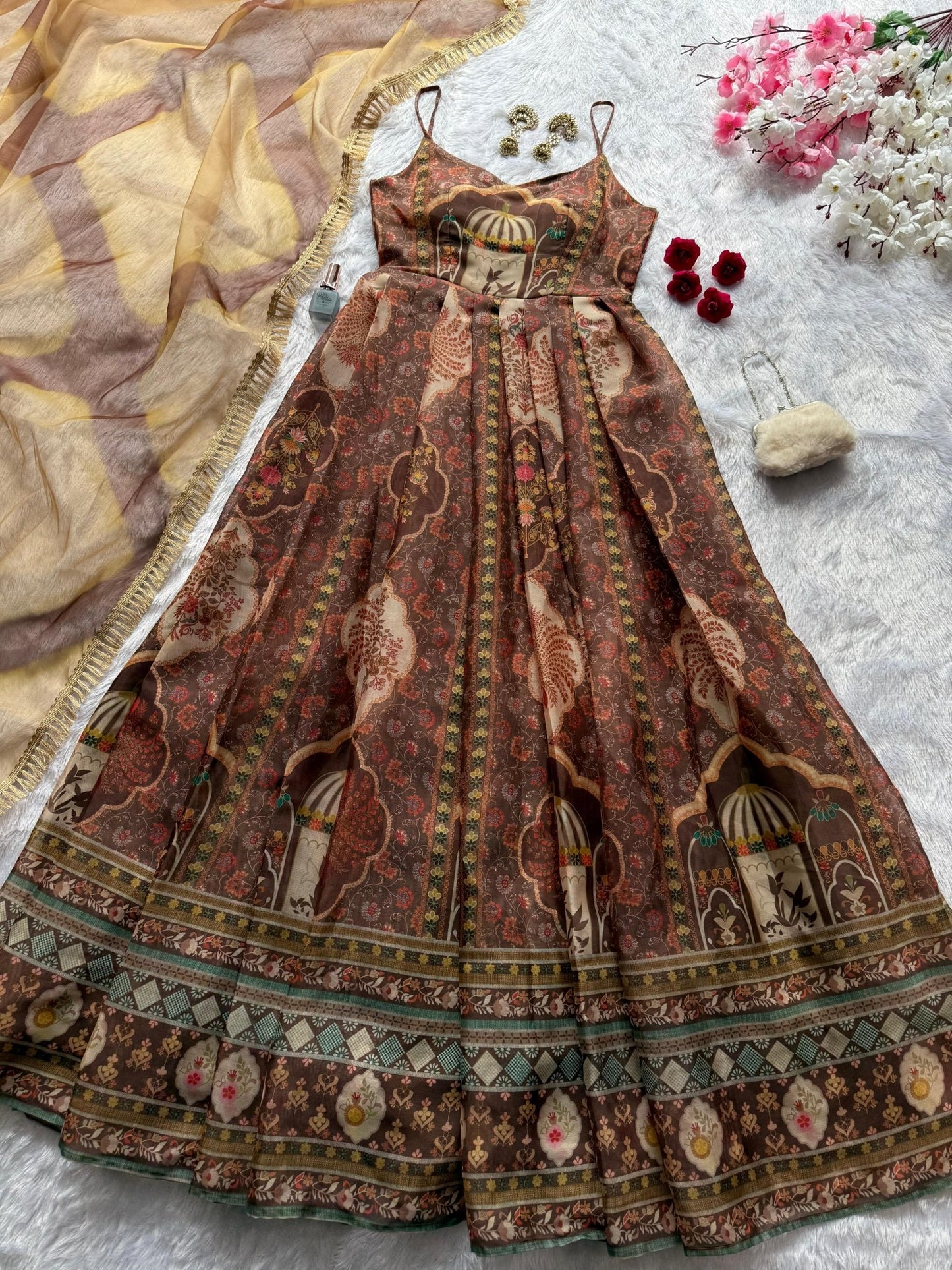 HOS SCnx 11676 Anarkali Gown – Digital Printed Jimmy Organza Silk with Designer Dupatta - House Of ShiVisha
