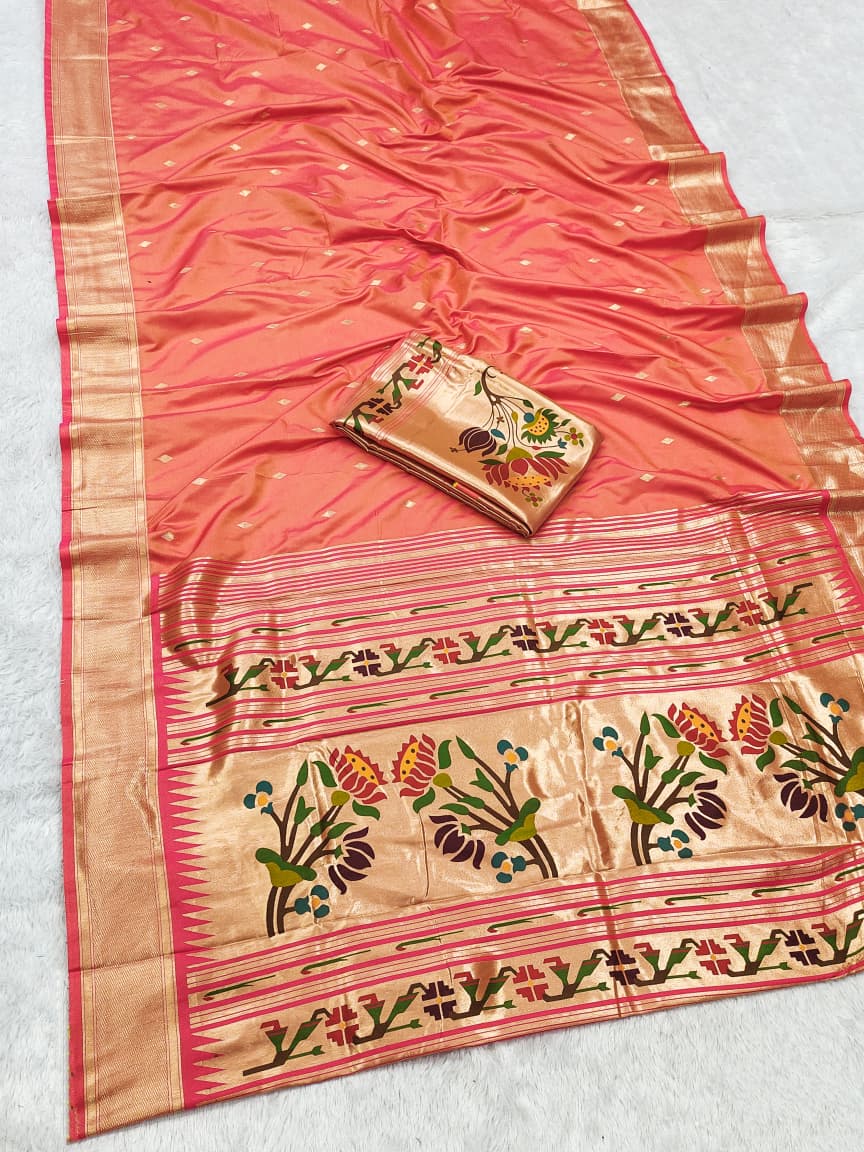 HOS SITARE Catalogue – Paithani Lichi Silk Saree with Gold Jari Butti Weaving & Brocade Blouse - House Of ShiVisha