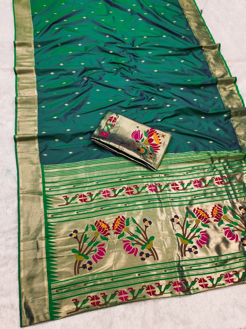HOS SITARE Catalogue – Paithani Lichi Silk Saree with Gold Jari Butti Weaving & Brocade Blouse - House Of ShiVisha