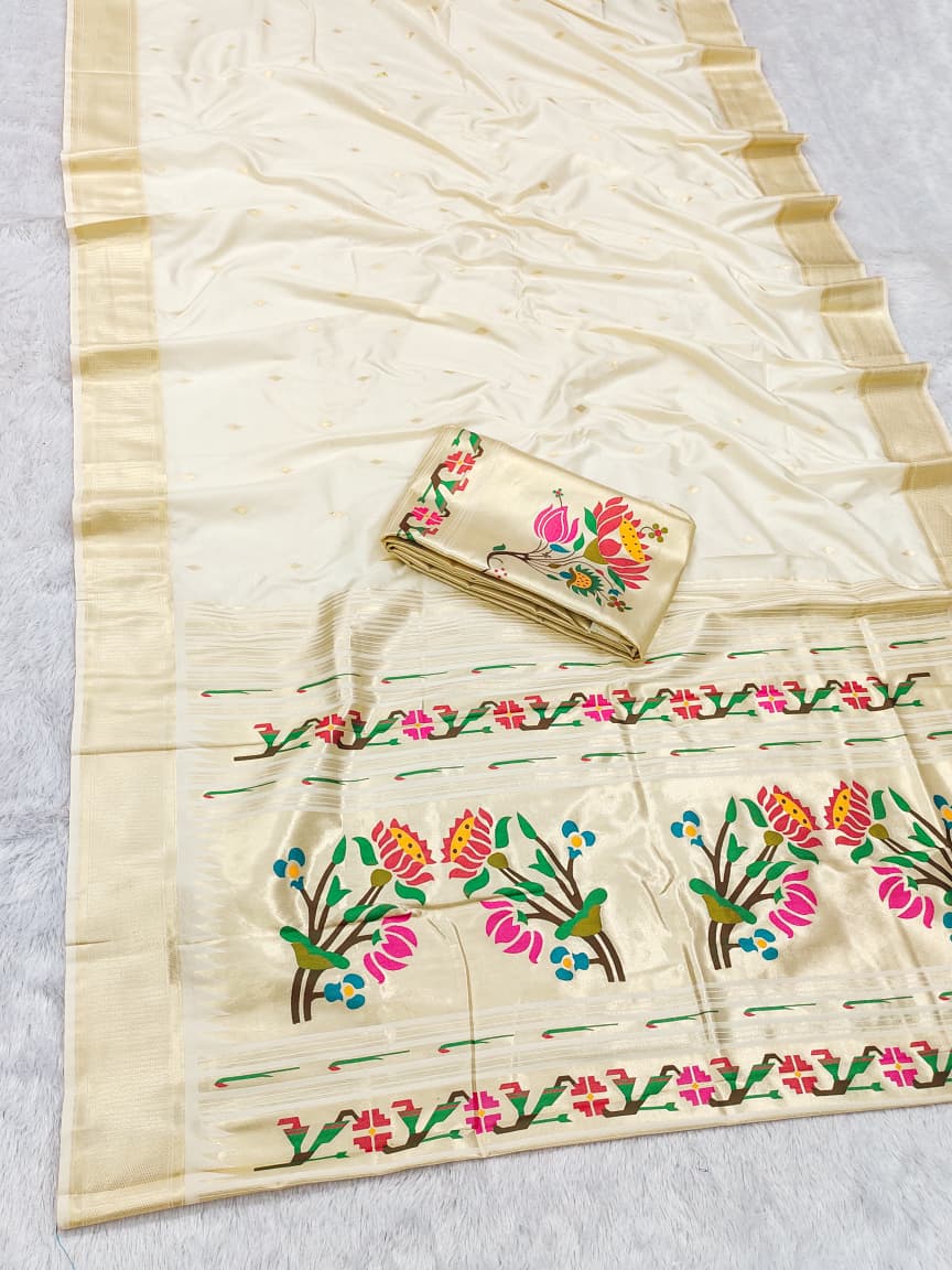 HOS SITARE Catalogue – Paithani Lichi Silk Saree with Gold Jari Butti Weaving & Brocade Blouse - House Of ShiVisha