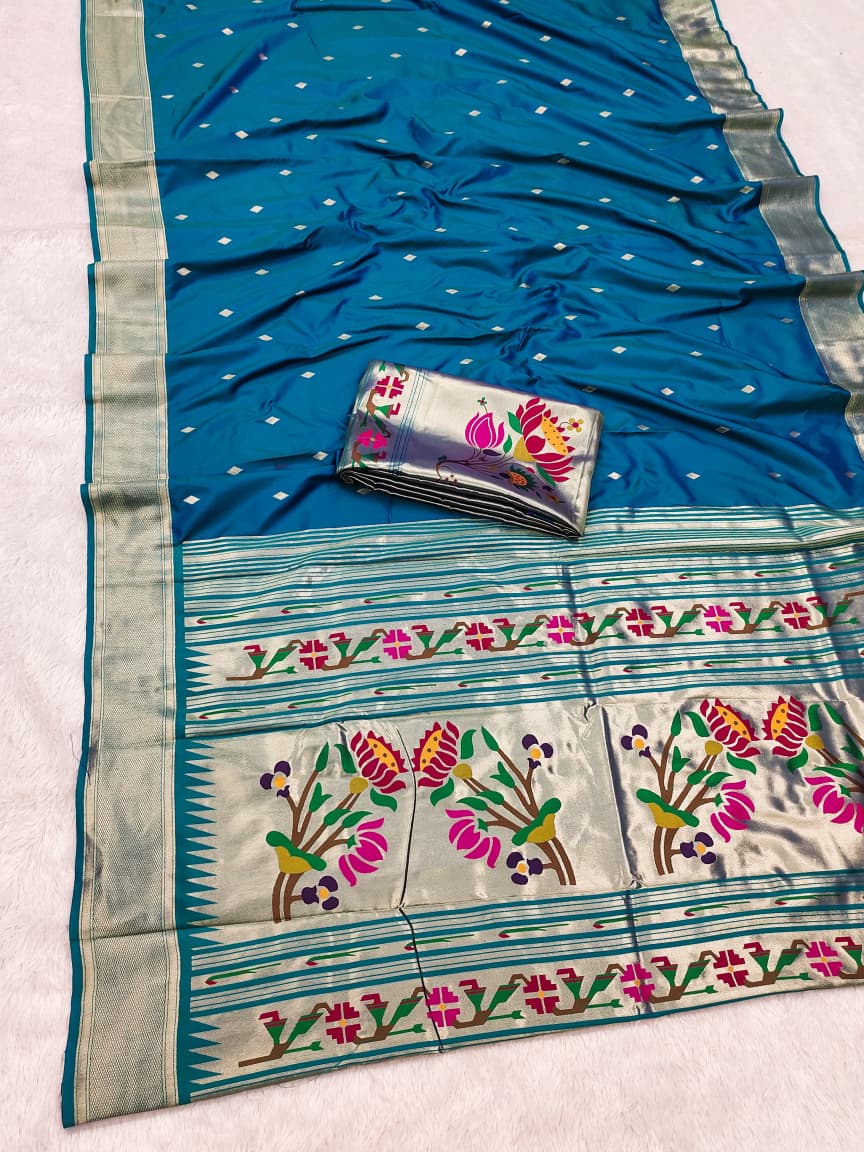 HOS SITARE Catalogue – Paithani Lichi Silk Saree with Gold Jari Butti Weaving & Brocade Blouse - House Of ShiVisha