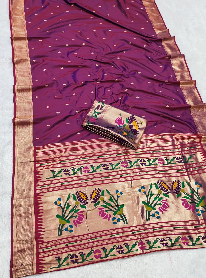 HOS SITARE Catalogue – Paithani Lichi Silk Saree with Gold Jari Butti Weaving & Brocade Blouse - House Of ShiVisha