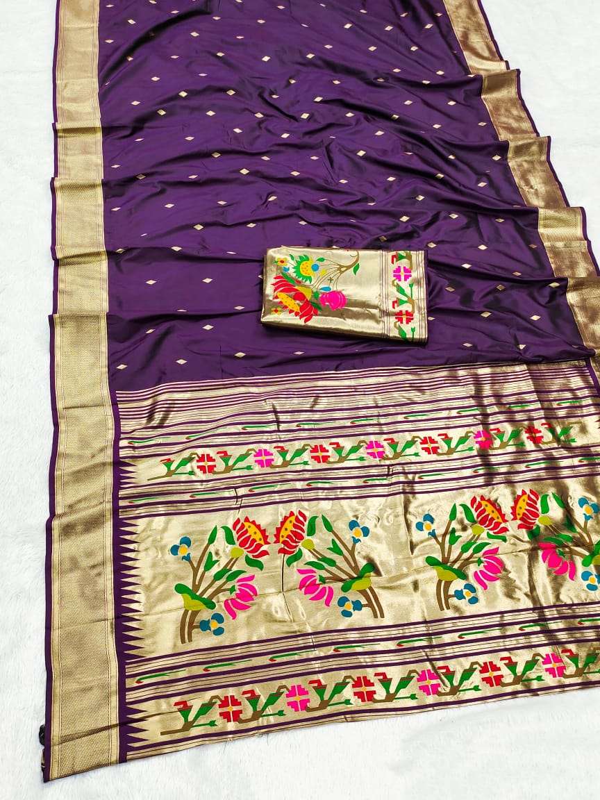 HOS SITARE Catalogue – Paithani Lichi Silk Saree with Gold Jari Butti Weaving & Brocade Blouse - House Of ShiVisha