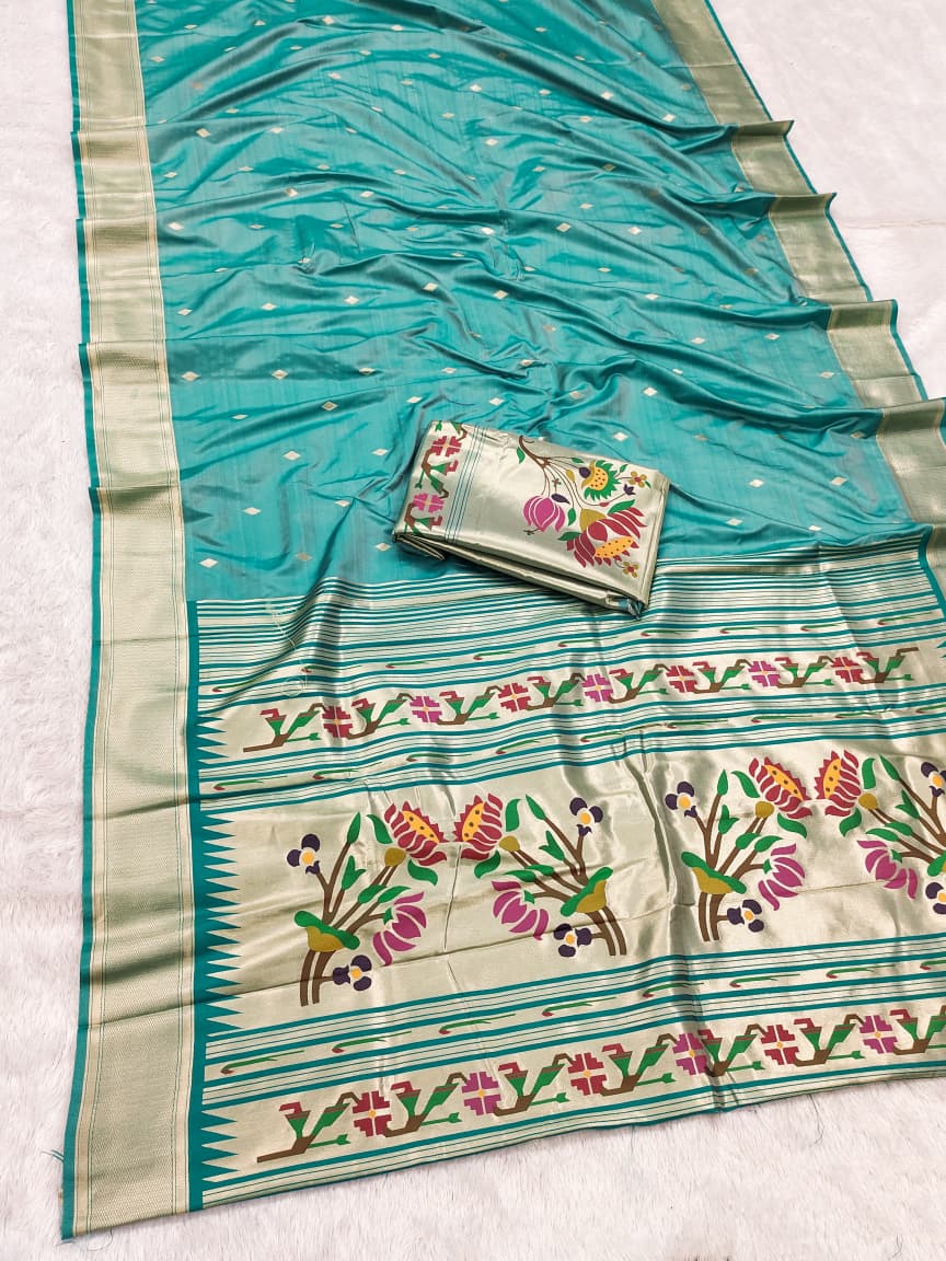 HOS SITARE Catalogue – Paithani Lichi Silk Saree with Gold Jari Butti Weaving & Brocade Blouse - House Of ShiVisha