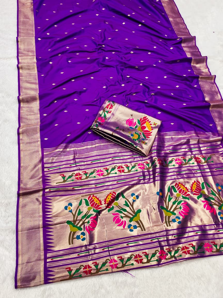 HOS SITARE Catalogue – Paithani Lichi Silk Saree with Gold Jari Butti Weaving & Brocade Blouse - House Of ShiVisha