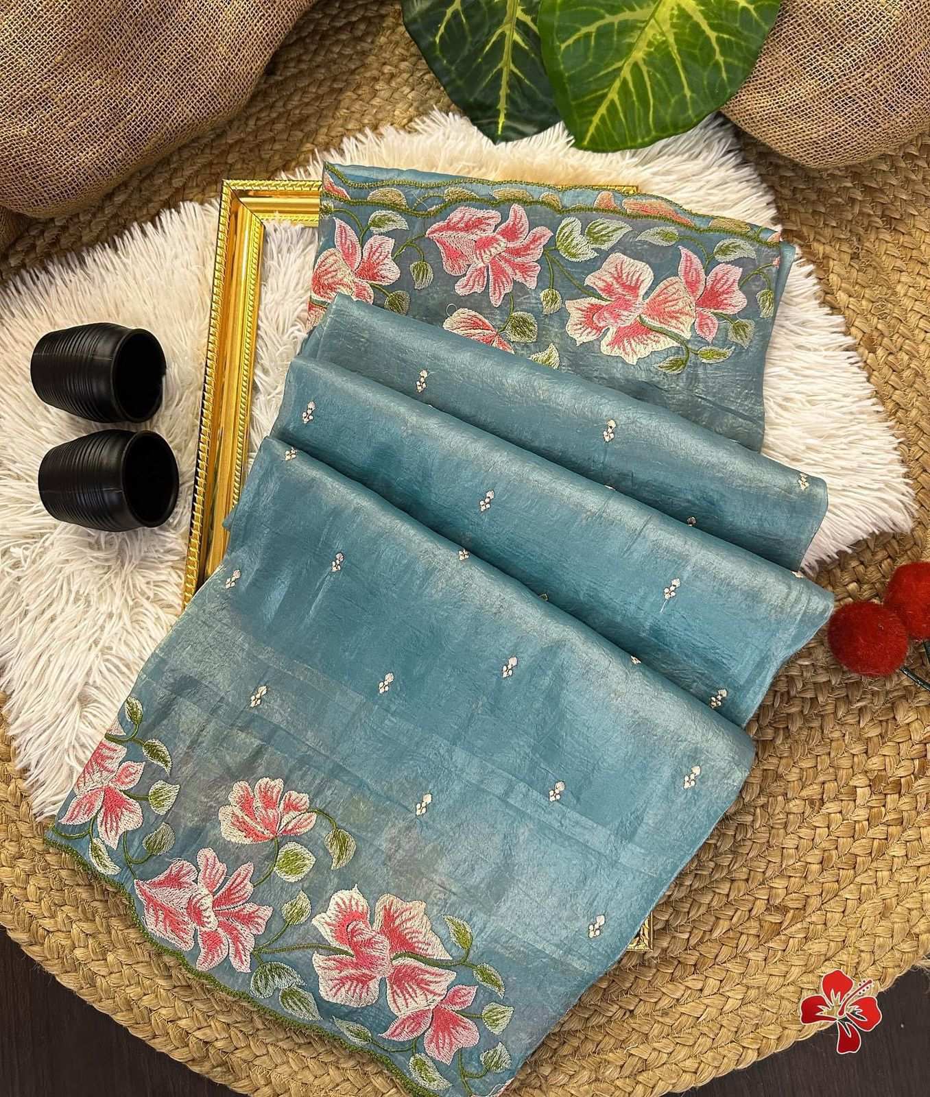 HOS Trendy Tussar Crush Saree – Dual Tone with Thread Embroidery & Scallop Borders - House Of ShiVisha