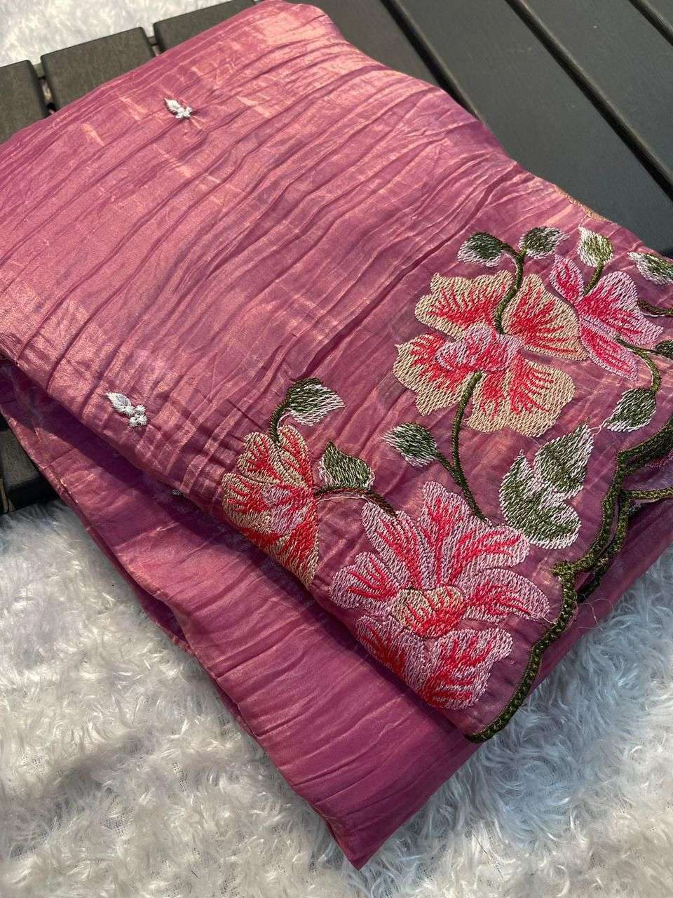 HOS Trendy Tussar Crush Saree – Dual Tone with Thread Embroidery & Scallop Borders - House Of ShiVisha