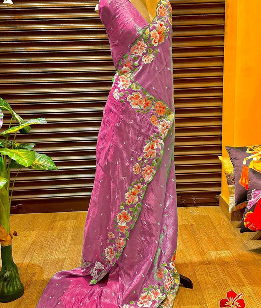 HOS Trendy Tussar Crush Saree – Dual Tone with Thread Embroidery & Scallop Borders - House Of ShiVisha