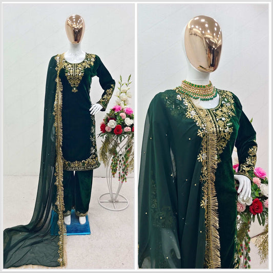 HOS Velvet Embroidered Suit Set – Sequins Work with Georgette Dupatta & Stitched Pants - House Of ShiVisha