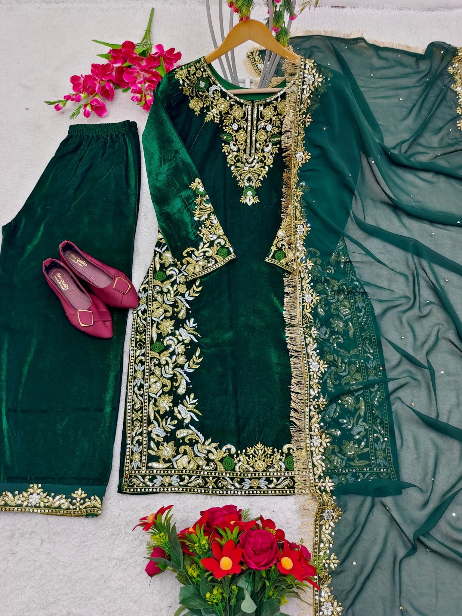 HOS Velvet Embroidered Suit Set – Sequins Work with Georgette Dupatta & Stitched Pants - House Of ShiVisha