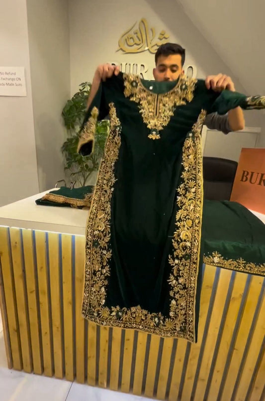 HOS Velvet Embroidered Suit Set – Sequins Work with Georgette Dupatta & Stitched Pants - House Of ShiVisha