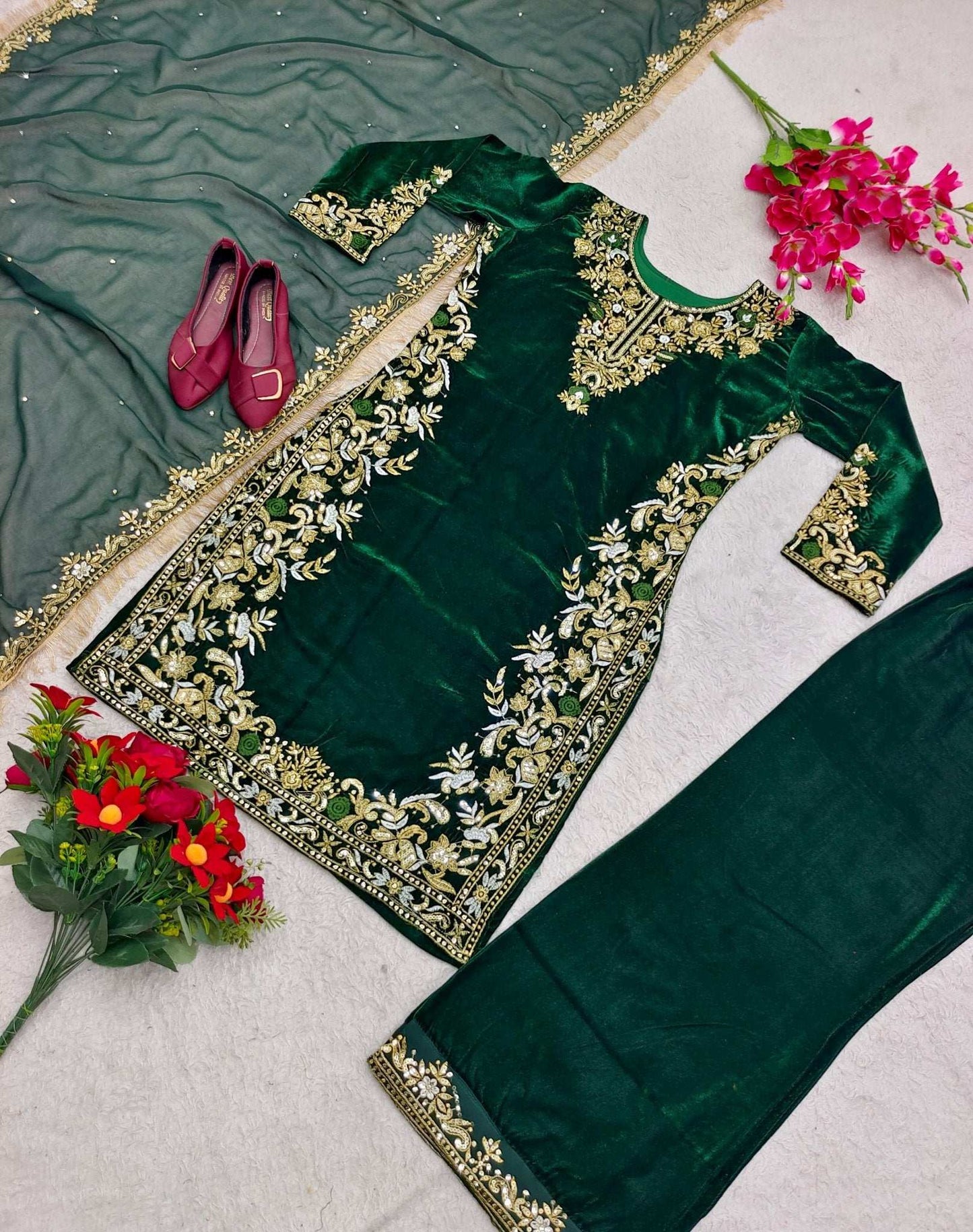 HOS Velvet Embroidered Suit Set – Sequins Work with Georgette Dupatta & Stitched Pants - House Of ShiVisha