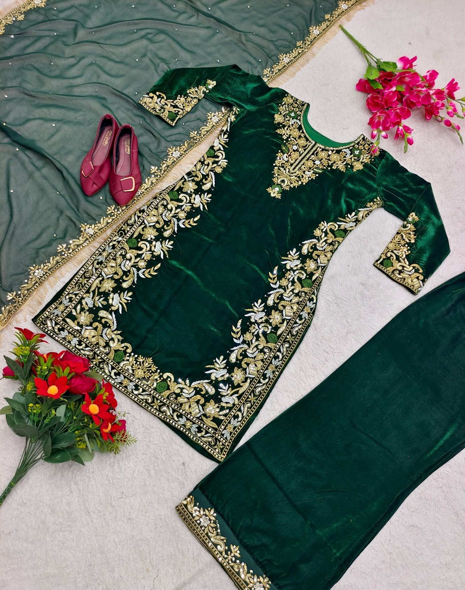 HOS Velvet Embroidered Suit Set – Sequins Work with Georgette Dupatta & Stitched Pants - House Of ShiVisha