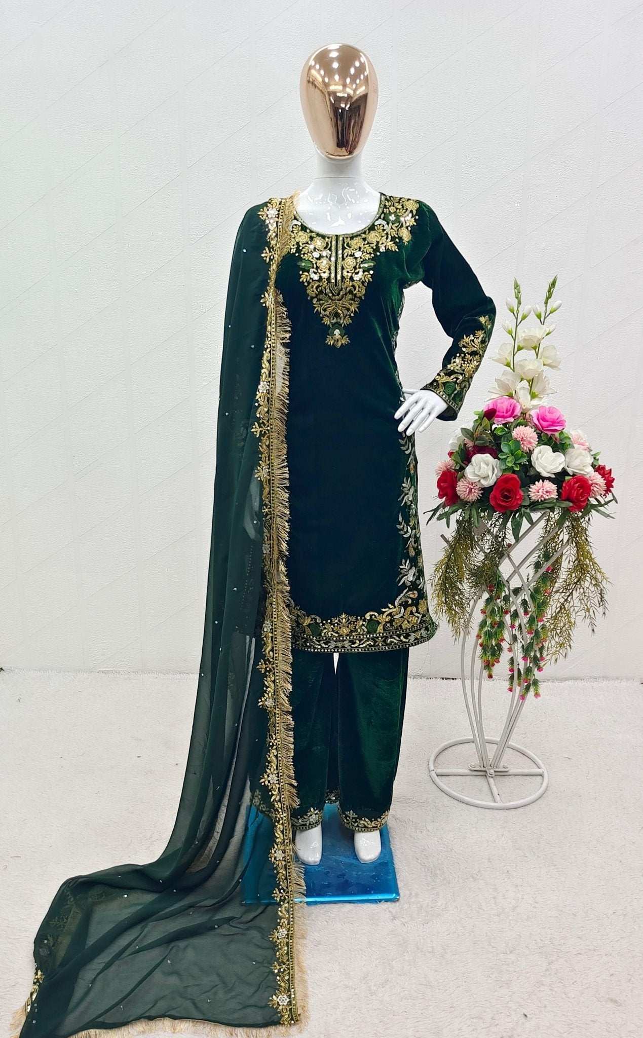 HOS Velvet Embroidered Suit Set – Sequins Work with Georgette Dupatta & Stitched Pants - House Of ShiVisha