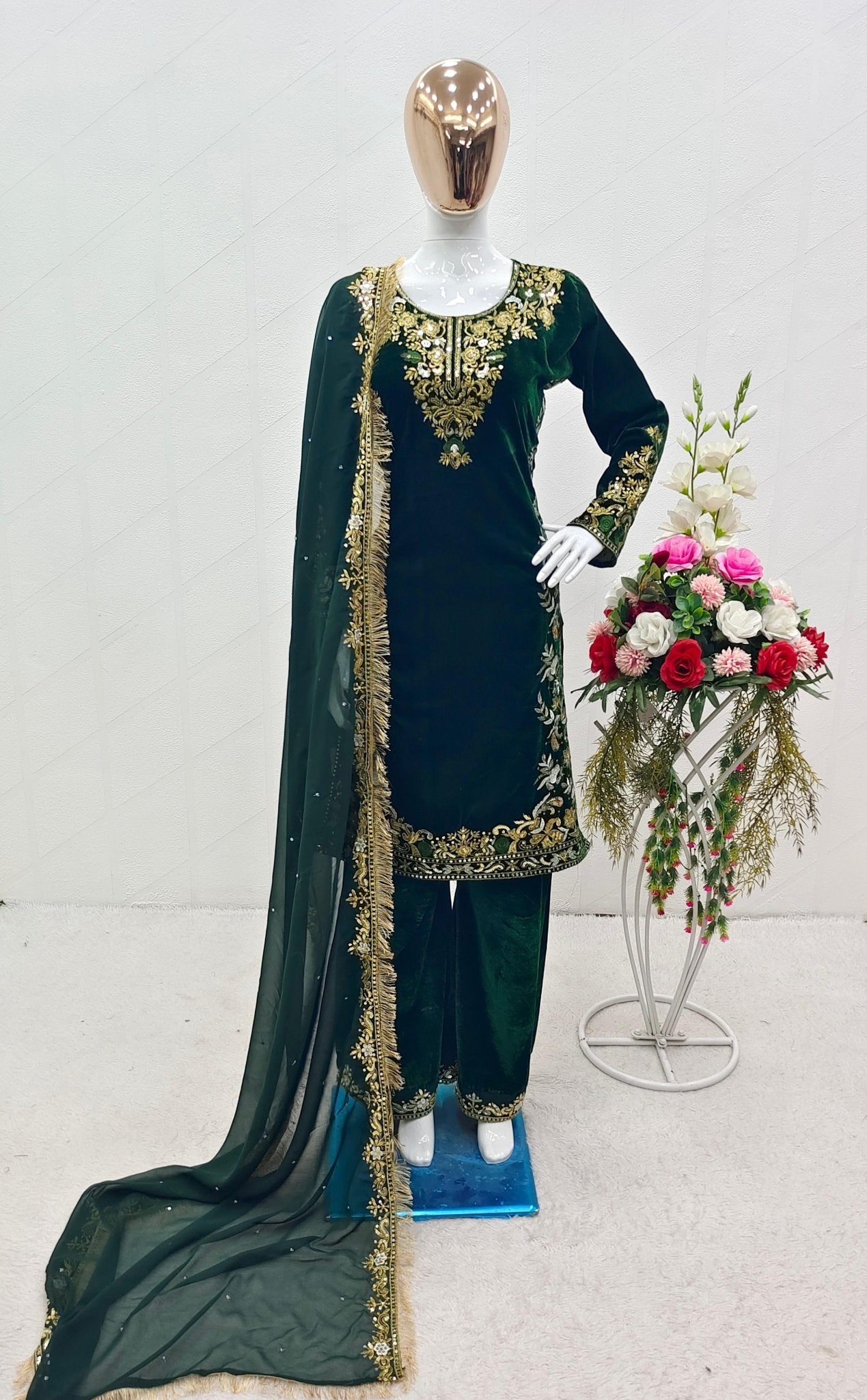 HOS Velvet Embroidered Suit Set – Sequins Work with Georgette Dupatta & Stitched Pants - House Of ShiVisha