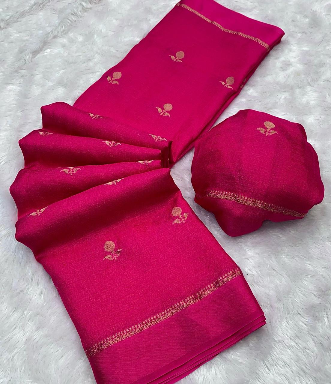 HOS Viscose Khadi Silk Saree – Jacquard Leaf Design with Satin Border & Running Blouse - House Of ShiVisha